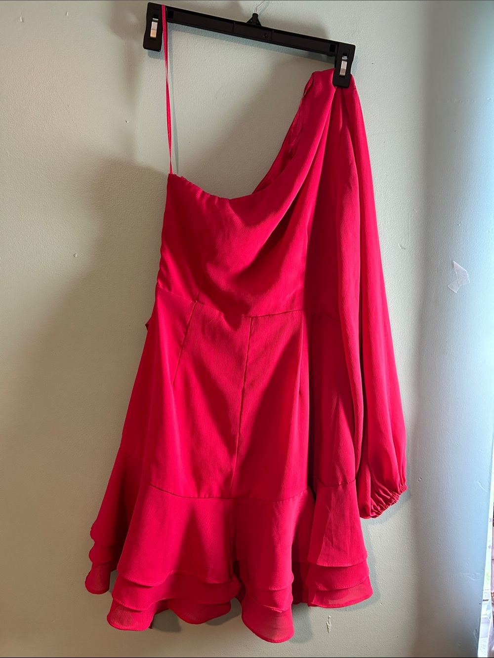 One-Shoulder Ruffle Mini Dress - Bright Fuchsia - Picture 6 of 7